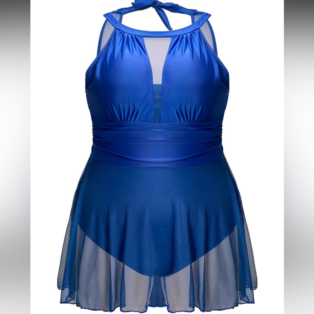 Knotted Back Mesh Insert Halter Swim Dress - Picture 3 of 8